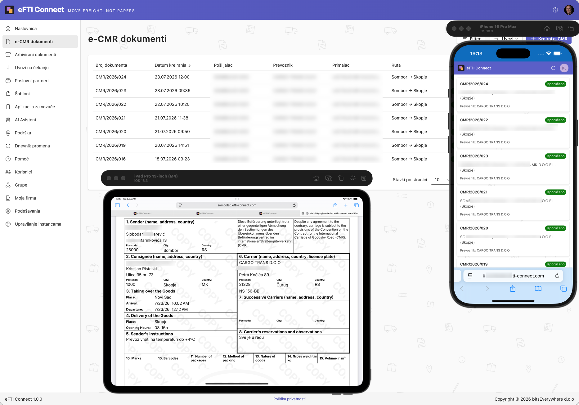 eFTI Connect on desktop, tablet and phone